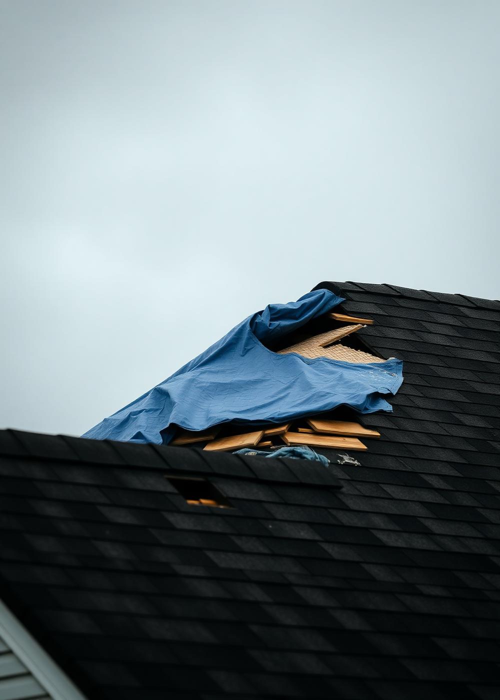 Storm damaged roof with tarp before repair